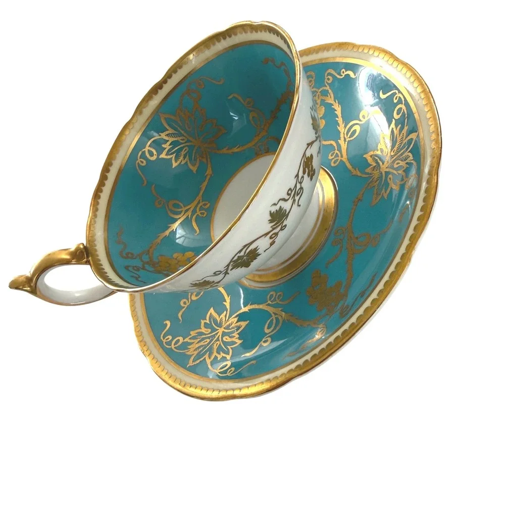 Vintage Aynsley England Bone China Teacup Saucer Turquoise Gold Gilt Grapevine